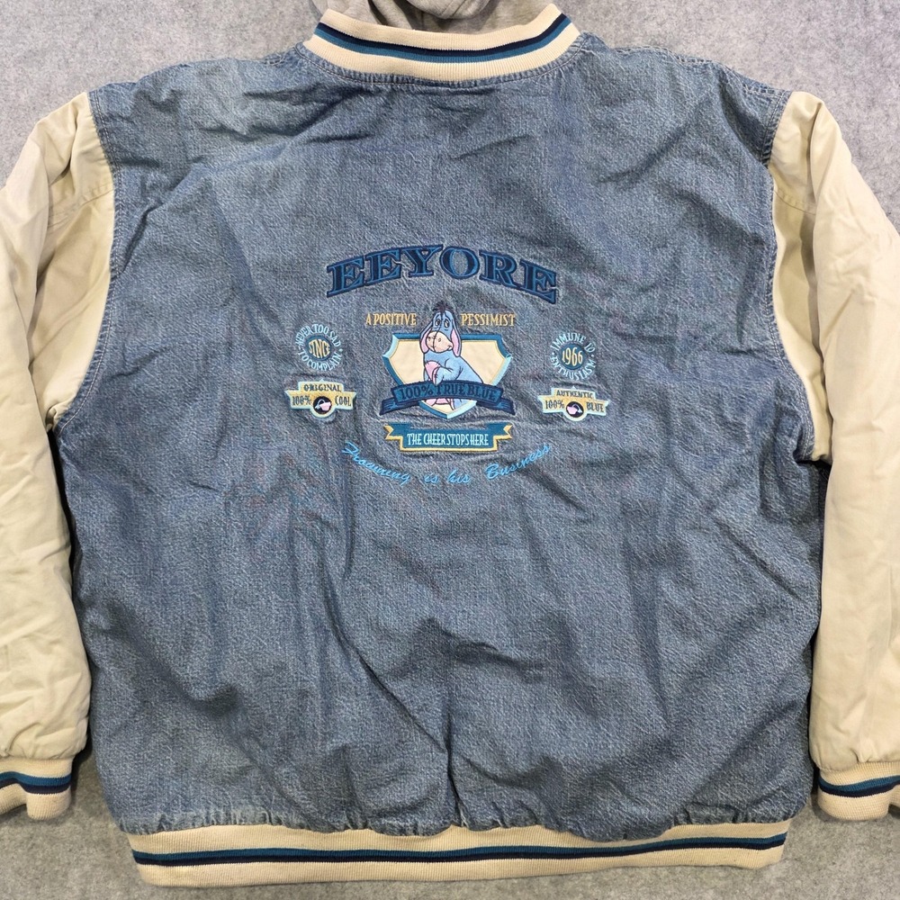 Vintage Disney Store Jacket Mens Large Blue Denim Eeyore Hooded Varsity DISTRESS - Picture 3 of 16